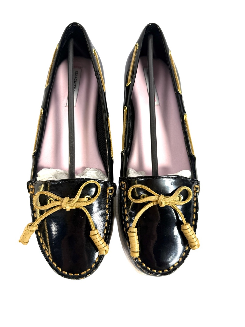 Isaac Mizrahi Black Patent Leather Loafers with Gold Trim